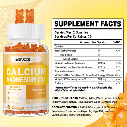 Calcium Magnesium Zinc Gummies with Vitamin D3 & K2 - High Potency, Orange-60 Count