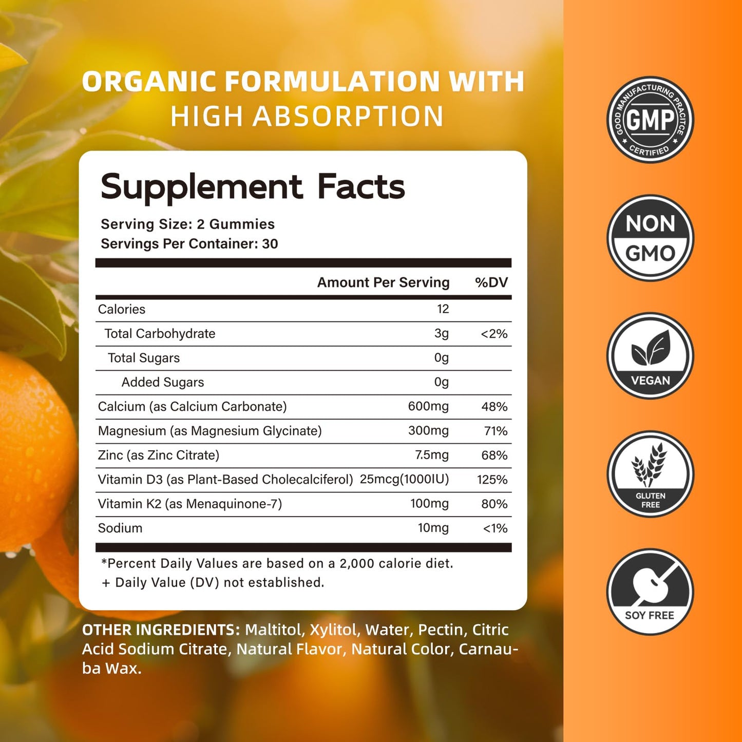 Calcium Magnesium Zinc Gummies with Vitamin D3 & K2 – High Potency Orange 60 Gummies