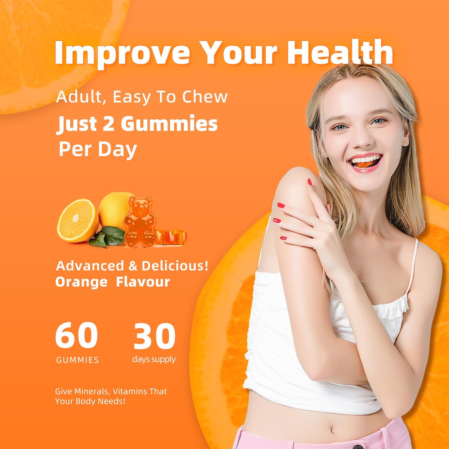 Calcium Magnesium Zinc Gummies with Vitamin D3 & K2 – High Potency Orange 60 Gummies