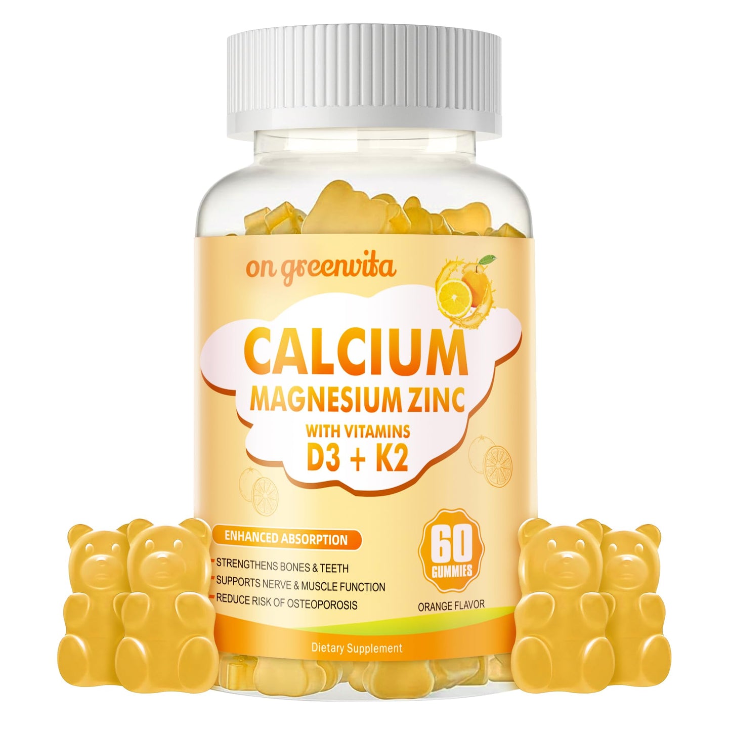Calcium Magnesium Zinc Gummies with Vitamin D3 & K2 - High Potency, 60 Orange Gummies