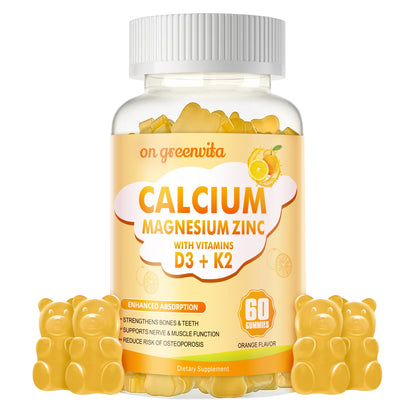 Calcium Magnesium Zinc Gummies with Vitamin D3 & K2 - High Potency, 60 Orange Gummies