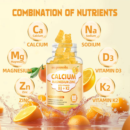 Calcium Magnesium Zinc Gummies with Vitamin D3 & K2 - High Potency, 60 Orange Gummies