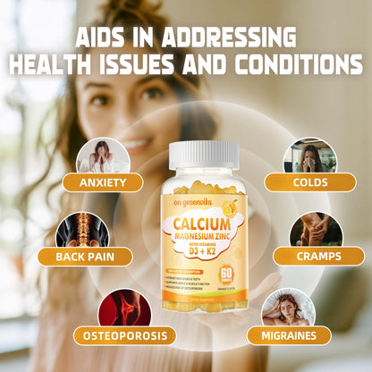 Calcium Magnesium Zinc Gummies with Vitamin D3 & K2 - High Potency, 60 Orange Gummies