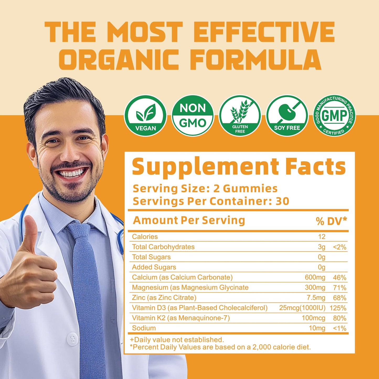 Calcium Magnesium Zinc Gummies with Vitamin D3 & K2 - High Potency, 60 Orange Gummies