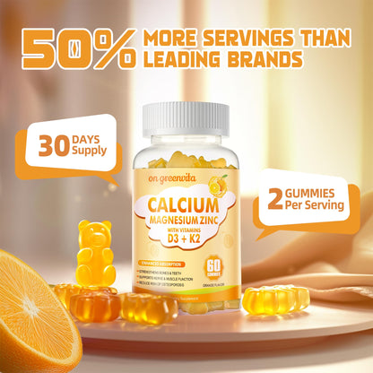 Calcium Magnesium Zinc Gummies with Vitamin D3 & K2 - High Potency, 60 Orange Gummies