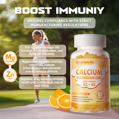 Calcium Magnesium Zinc Gummies with Vitamin D3 & K2 - High Potency, 60 Orange Gummies