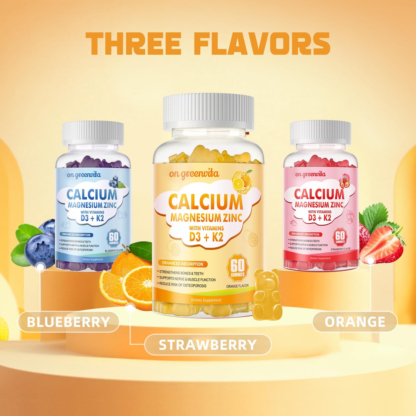 Calcium Magnesium Zinc Gummies with Vitamin D3 & K2 - High Potency, 60 Orange Gummies