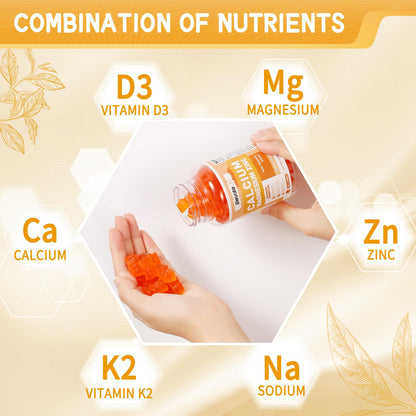 Calcium Magnesium Zinc Gummies with Vitamin D3 & K2 - High Potency, Orange-60 Count