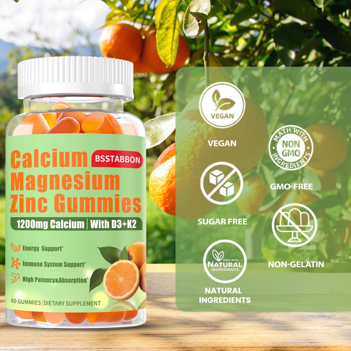 Calcium Magnesium Zinc Gummies for Adults – 1200mg Calcium Citrate, 400mg Magnesium Glycinate, D3 & B12 – Sugar Free High Absorption (60 Count Pack of 2)