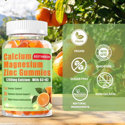 Calcium Magnesium Zinc Gummies for Adults – 1200mg Calcium Citrate, 400mg Magnesium Glycinate, D3 & B12 – Sugar Free High Absorption (60 Count Pack of 2)
