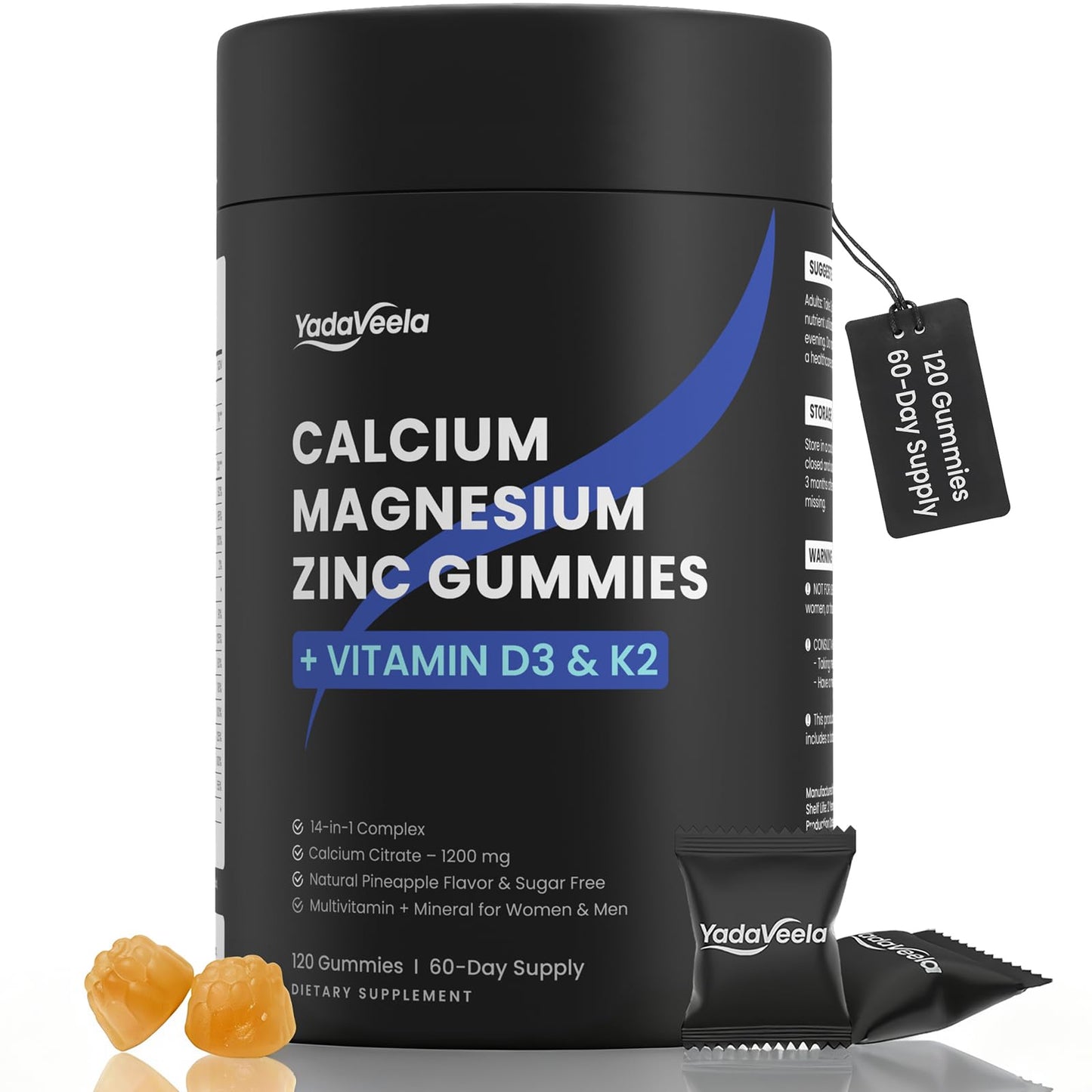 Calcium Magnesium Zinc Gummies for Adults | Calcium Citrate 1200 mg, Vitamin D3 & K2 | Vegan, Sugar-Free