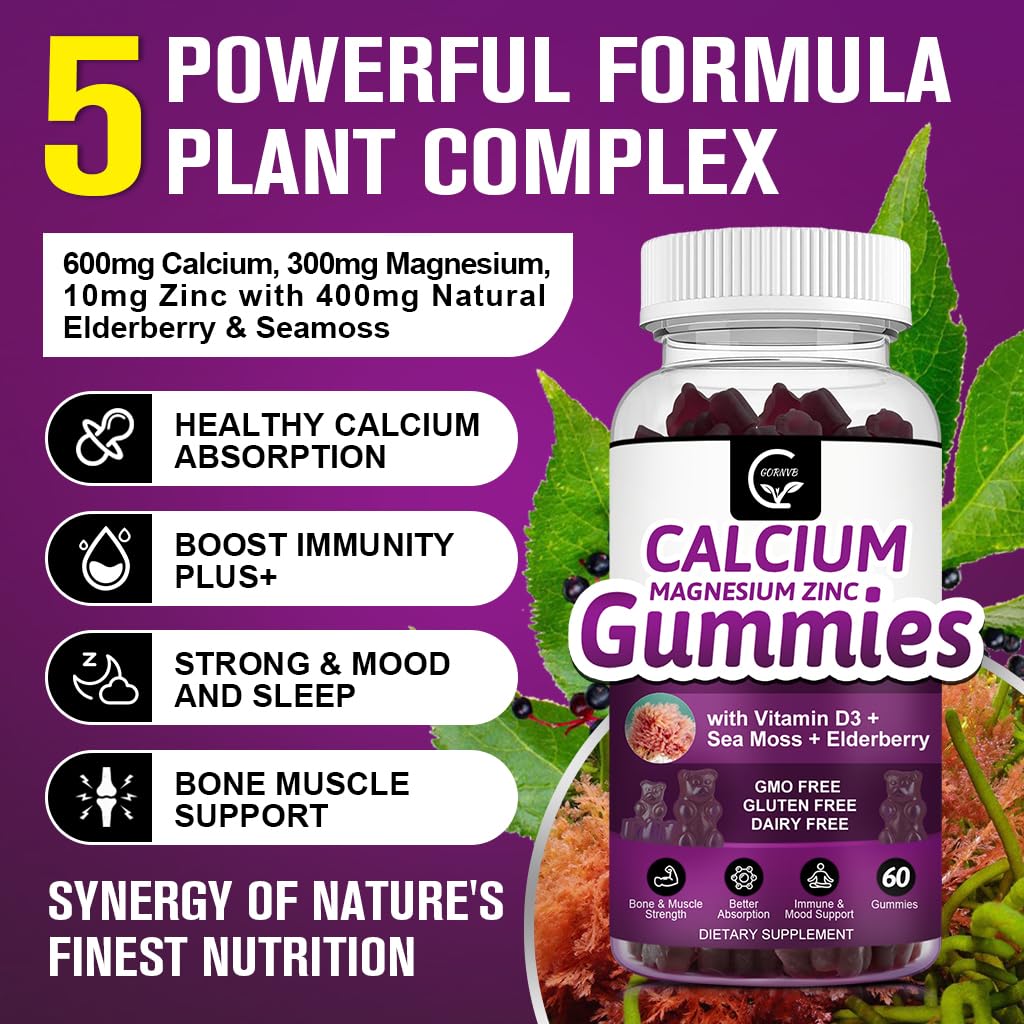 Calcium Magnesium Zinc Gummies 2:1 Plant Complex | High Absorption Mg Glycinate 300mg + D3 Sea Moss | Vegan 2-Pack