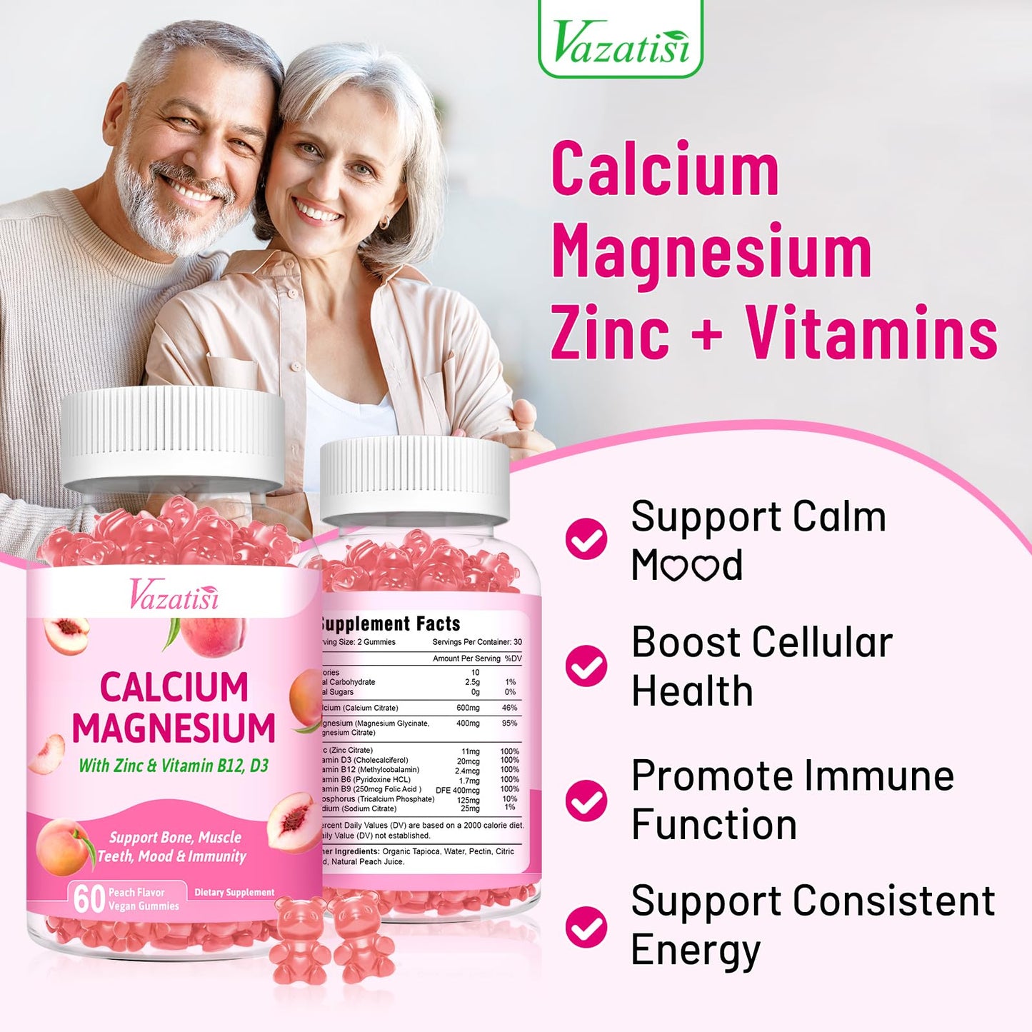 Vazatisi Calcium Magnesium Zinc Gummies with Vitamin D3 & B12 – Peach Flavor, 60 Count