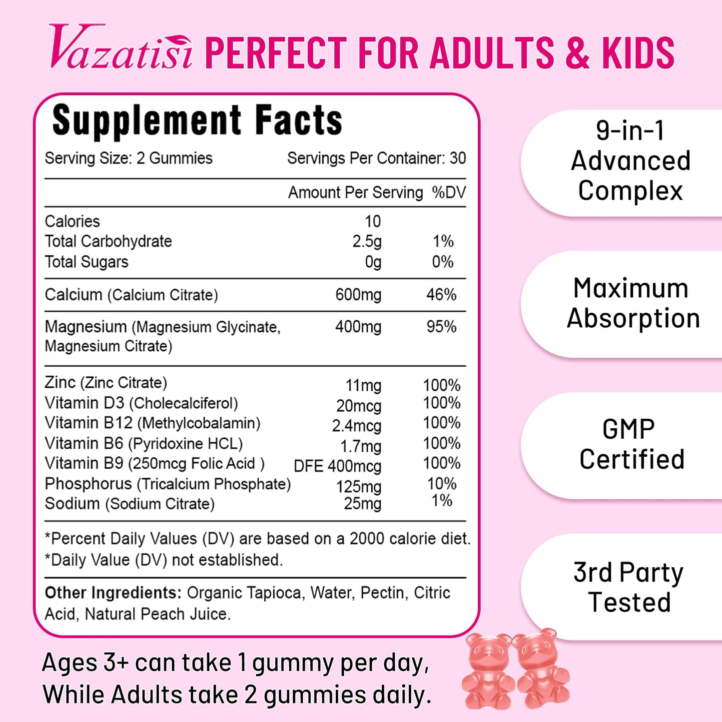 Vazatisi Calcium Magnesium Zinc Gummies with Vitamin D3 & B12 – Peach Flavor, 60 Count