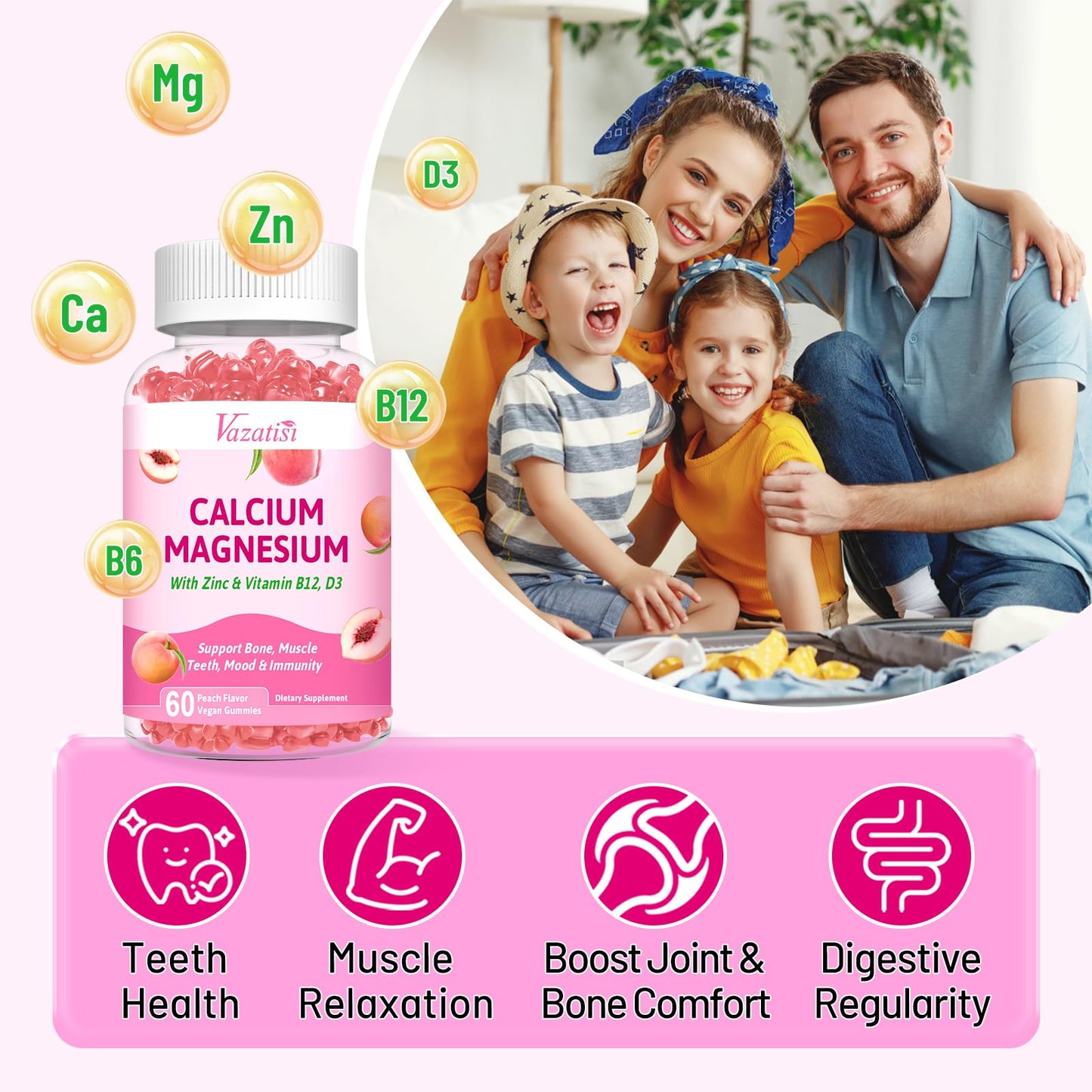 Vazatisi Calcium Magnesium Zinc Gummies with Vitamin D3 & B12 – Peach Flavor, 60 Count