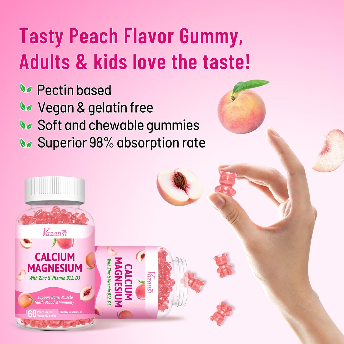 Vazatisi Calcium Magnesium Zinc Gummies with Vitamin D3 & B12 – Peach Flavor, 60 Count