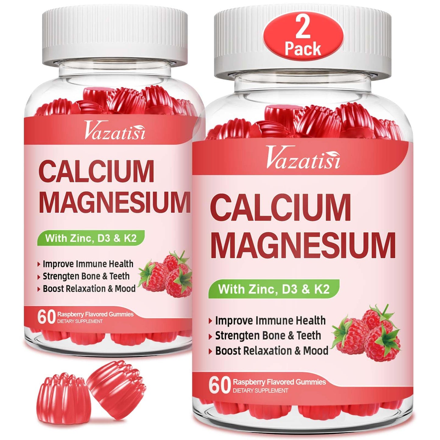 Calcium Magnesium Zinc Gummies with Vitamin D3 & K2 – Raspberry, 120 Gummies