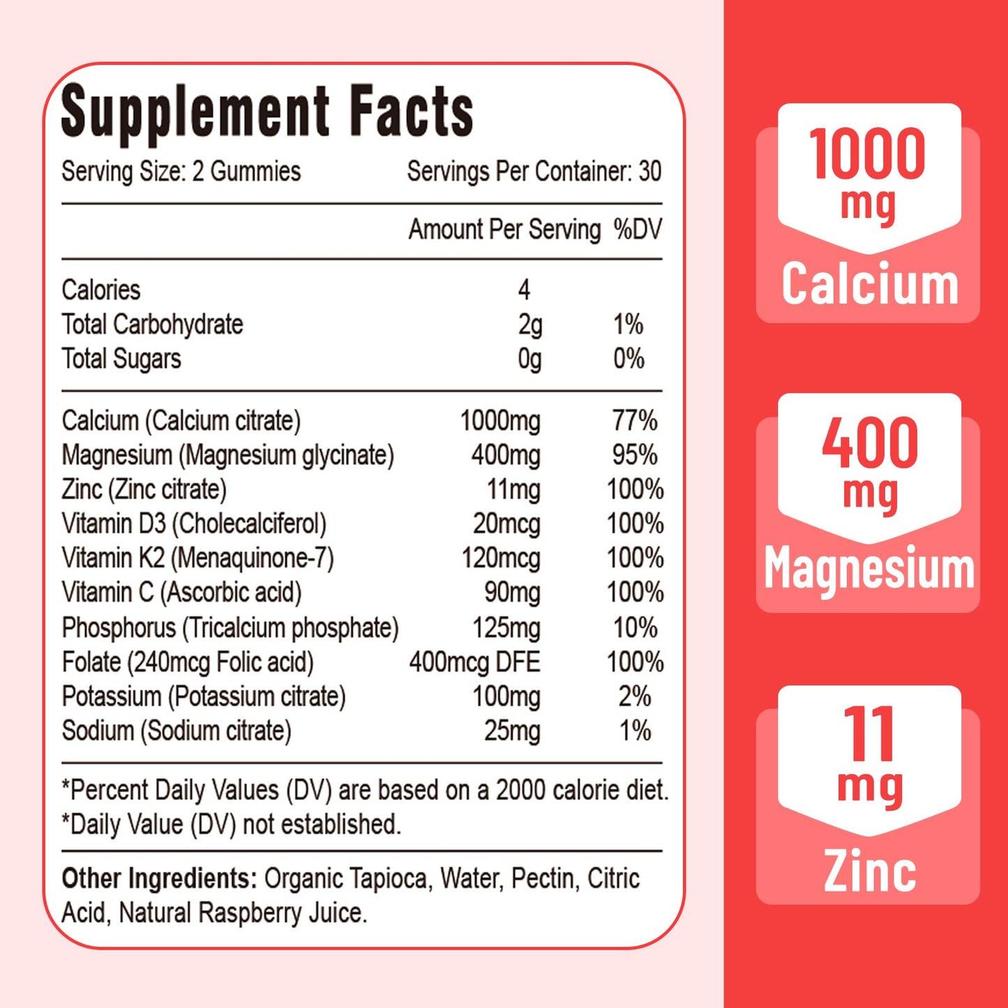 Calcium Magnesium Zinc Gummies with Vitamin D3 & K2 – Raspberry, 120 Gummies
