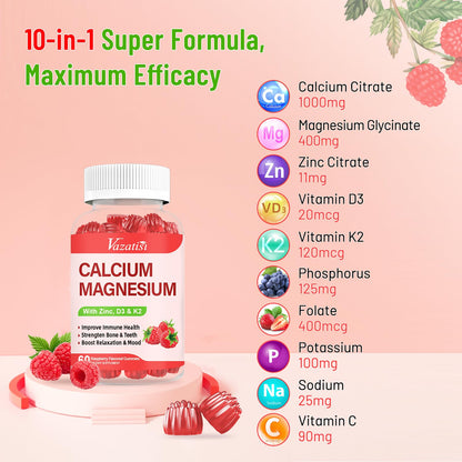 Calcium Magnesium Zinc Gummies with Vitamin D3 & K2 – Raspberry, 120 Gummies