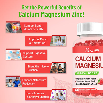 Calcium Magnesium Zinc Gummies with Vitamin D3 & K2 – Raspberry, 120 Gummies