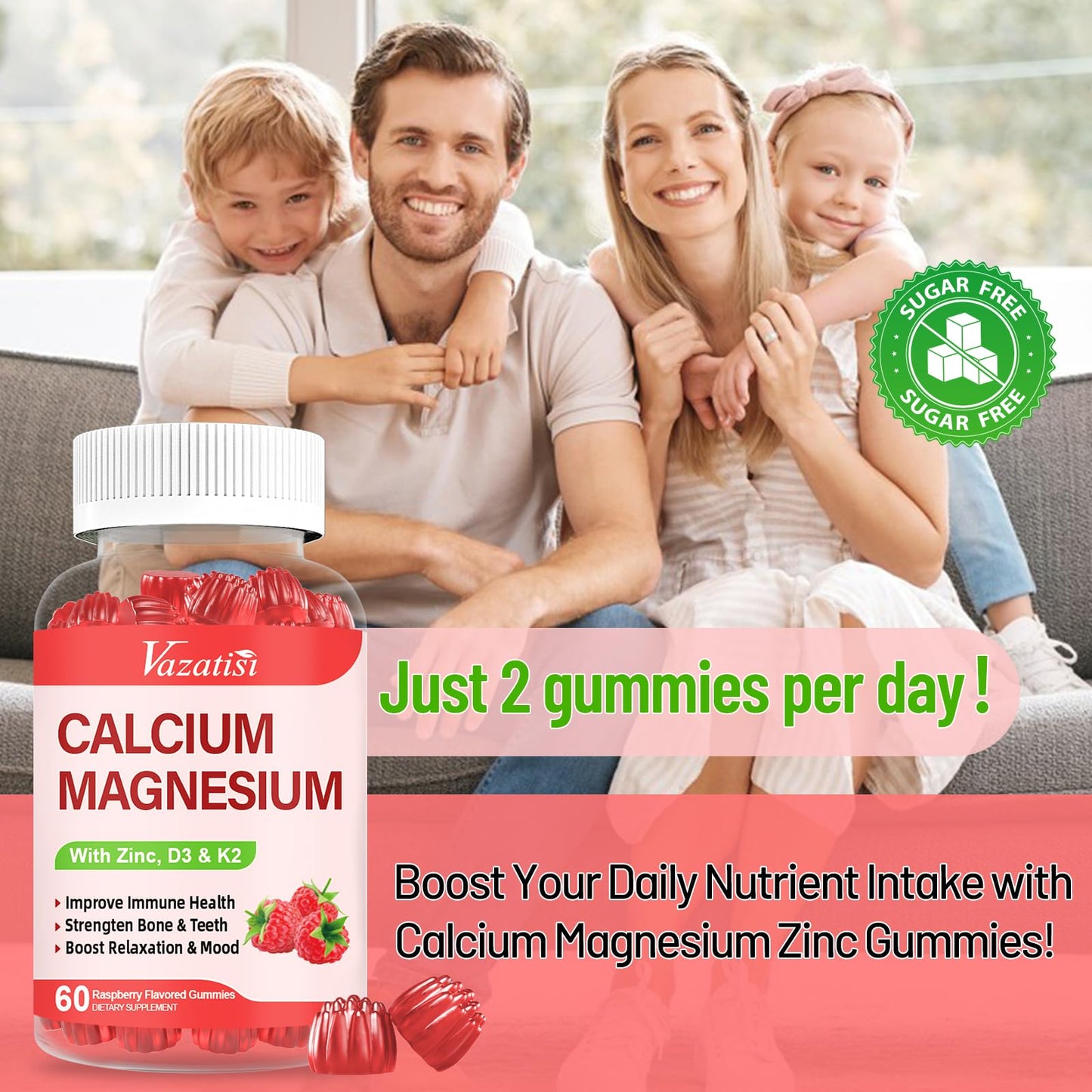 Calcium Magnesium Zinc Gummies with Vitamin D3 & K2 – Raspberry, 120 Gummies