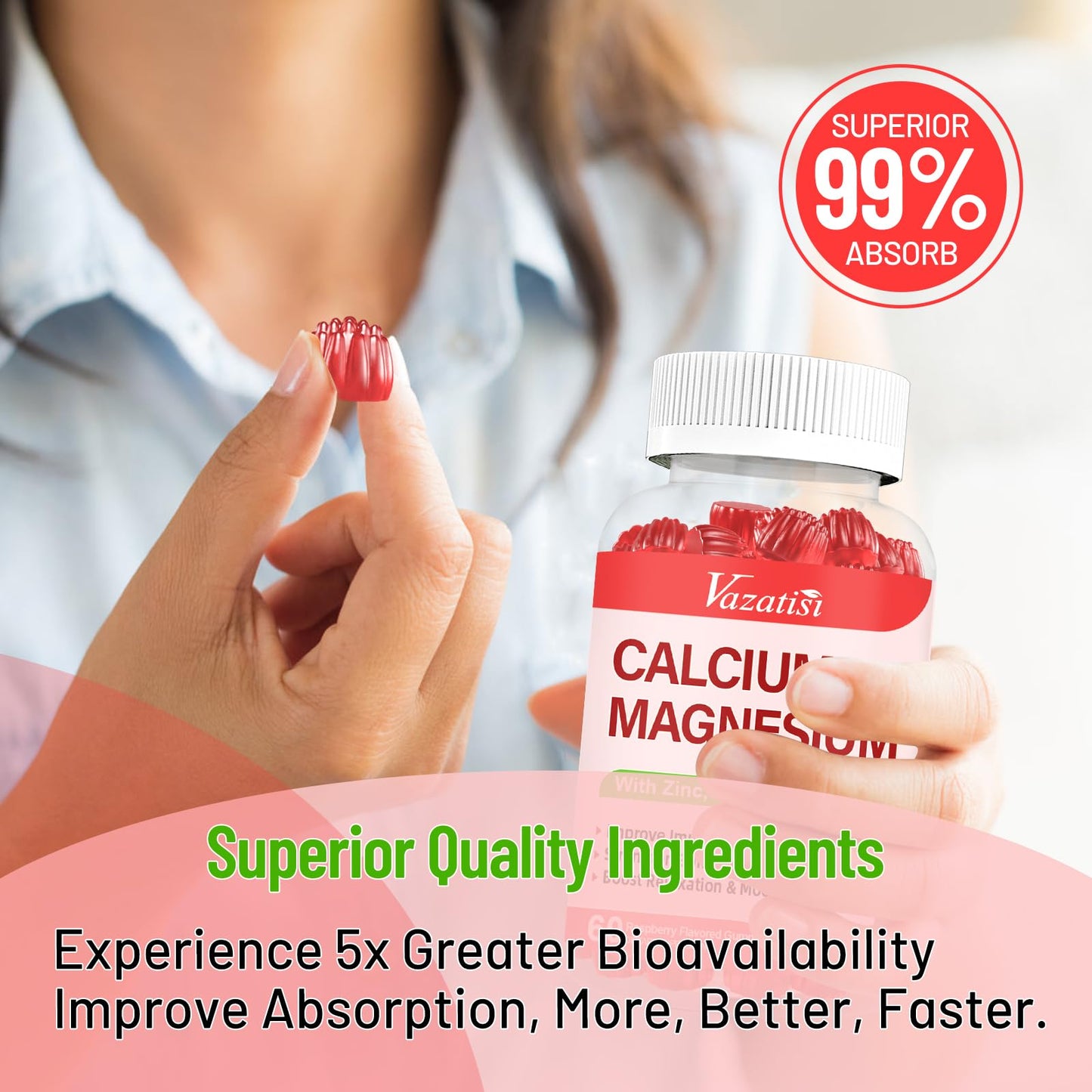 Calcium Magnesium Zinc Gummies with Vitamin D3 & K2 – Raspberry, 120 Gummies