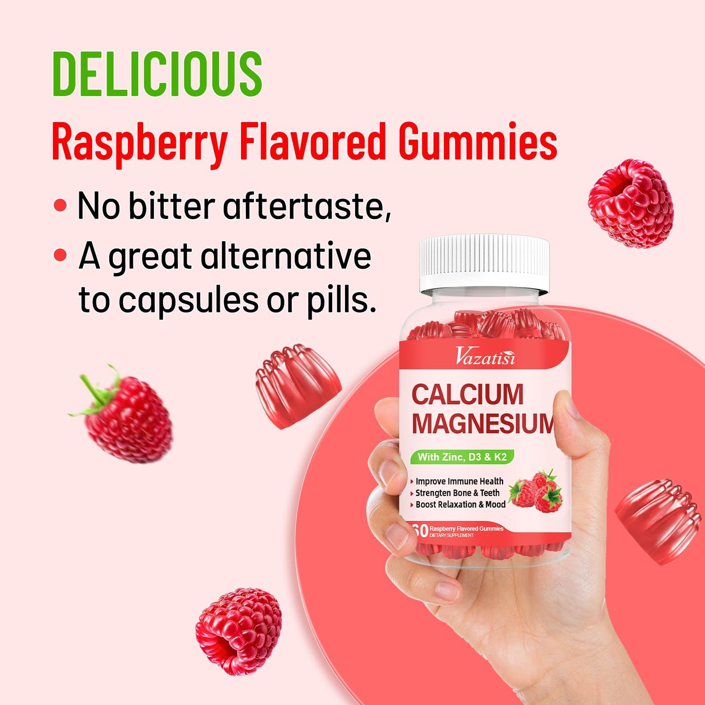 Calcium Magnesium Zinc Gummies with Vitamin D3 & K2 – Raspberry, 120 Gummies