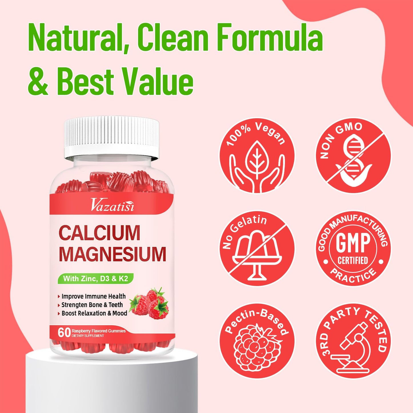 Calcium Magnesium Zinc Gummies with Vitamin D3 & K2 – Raspberry, 120 Gummies