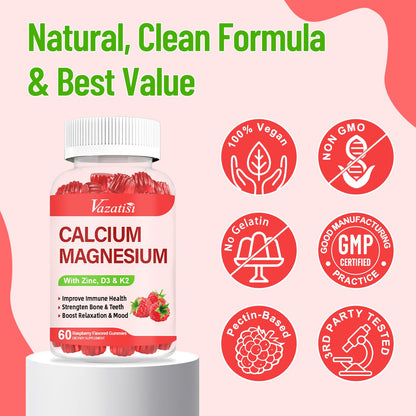 Calcium Magnesium Zinc Gummies with Vitamin D3 & K2 – Raspberry, 120 Gummies