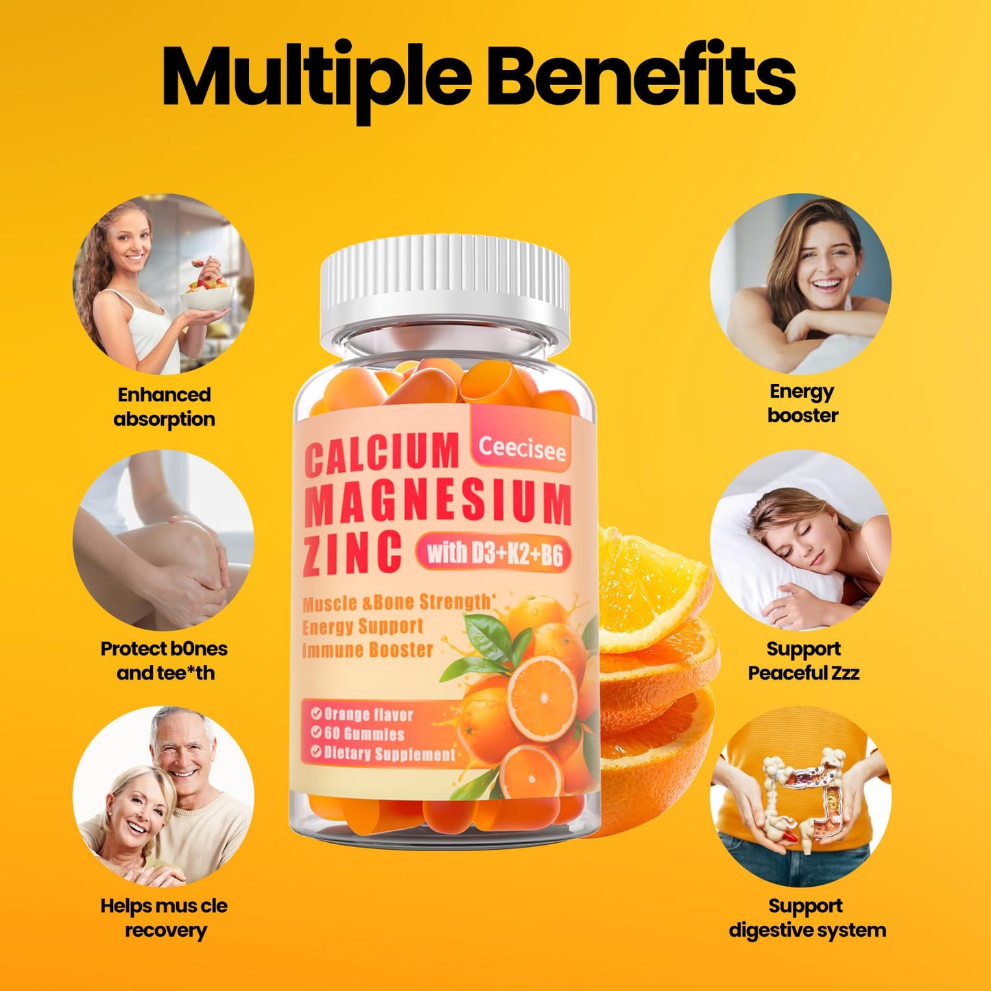 Calcium Magnesium Zinc Gummies with D3, B6 & K2 – 1000mg Calcium, 300mg Magnesium, Sugar Free (120 Count)