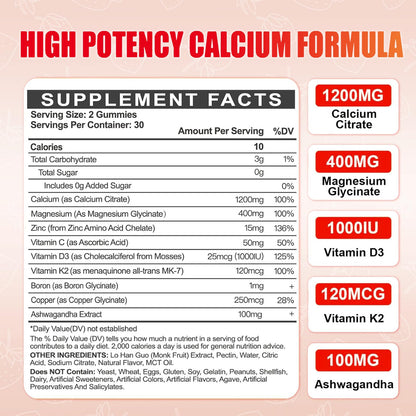 Calcium Magnesium Zinc Gummies with Vitamin D3 – 1200mg Calcium Citrate for Adults