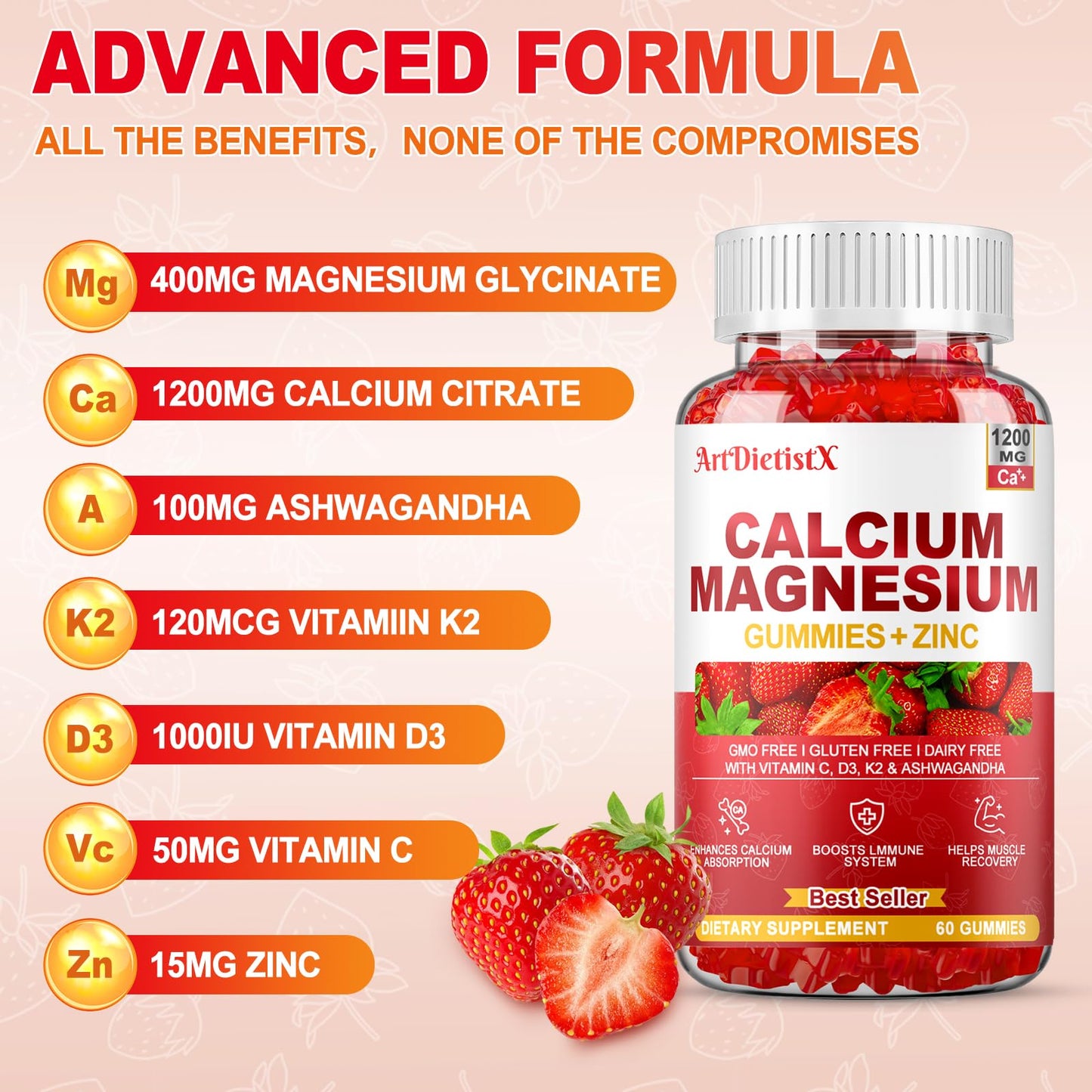 Calcium Magnesium Zinc Gummies with Vitamin D3 – 1200mg Calcium Citrate for Adults