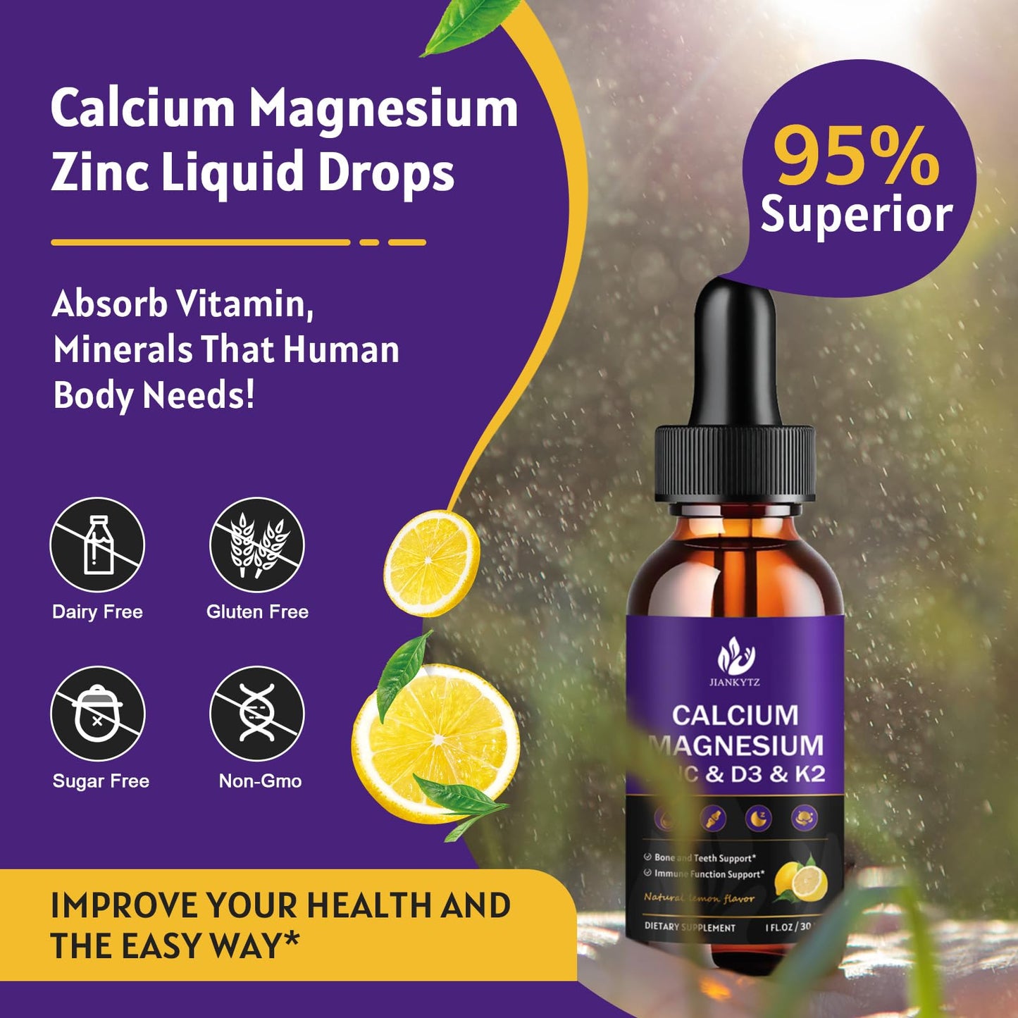 (2 Pack) Calcium Magnesium Zinc Liquid Drops - Lemon Flavor, Sugar Free