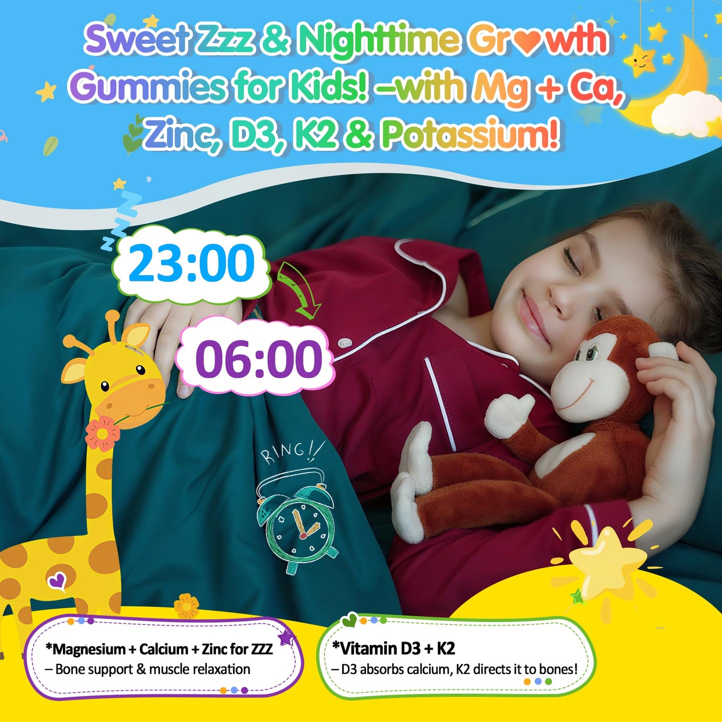 Kids Nighttime Multimineral Gummies – Magnesium, Calcium, Zinc + D3 K2 | No Melatonin