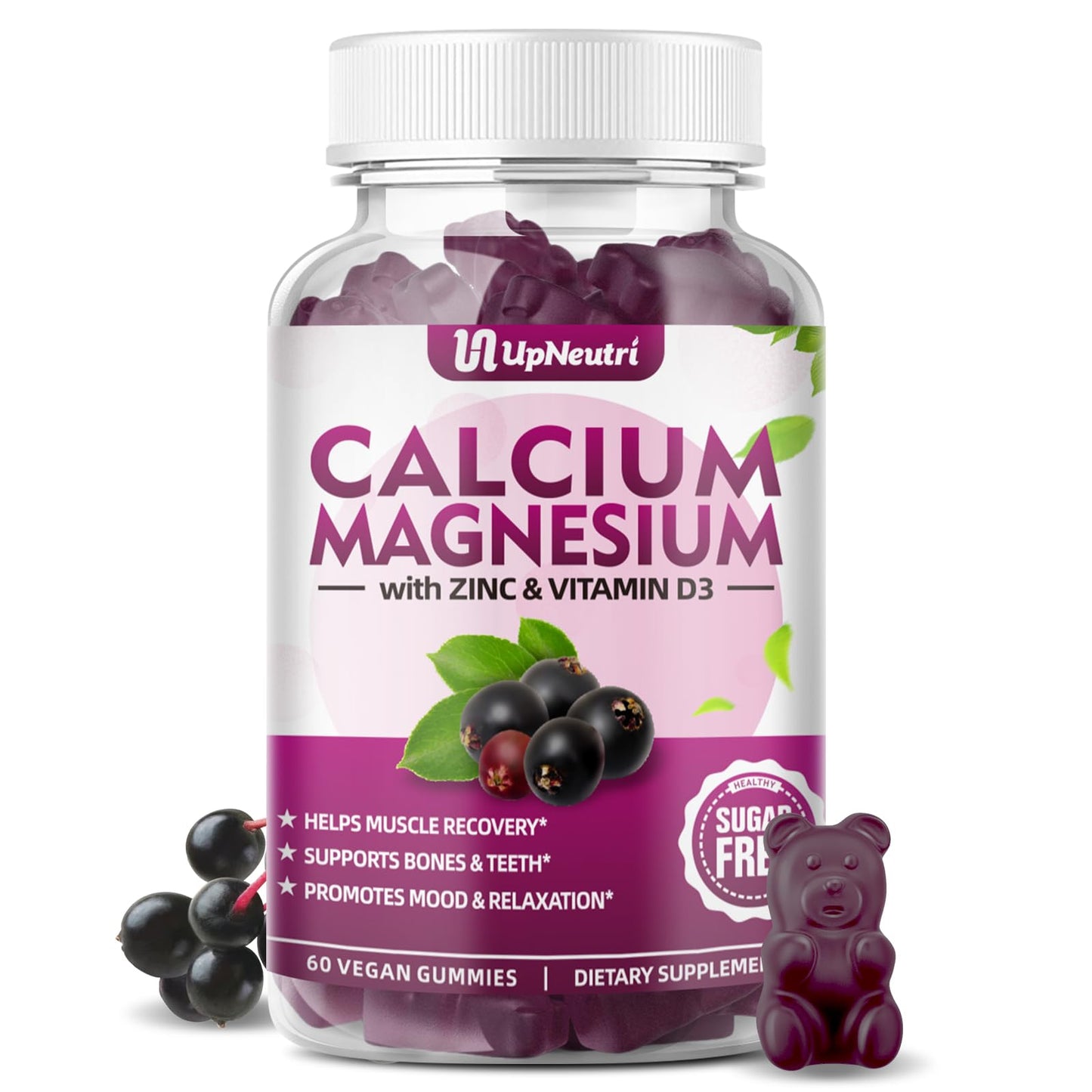Calcium Magnesium Zinc with Vitamin D3 Gummies - Sugar Free, High Absorption - Elderberry (60 Gummies)