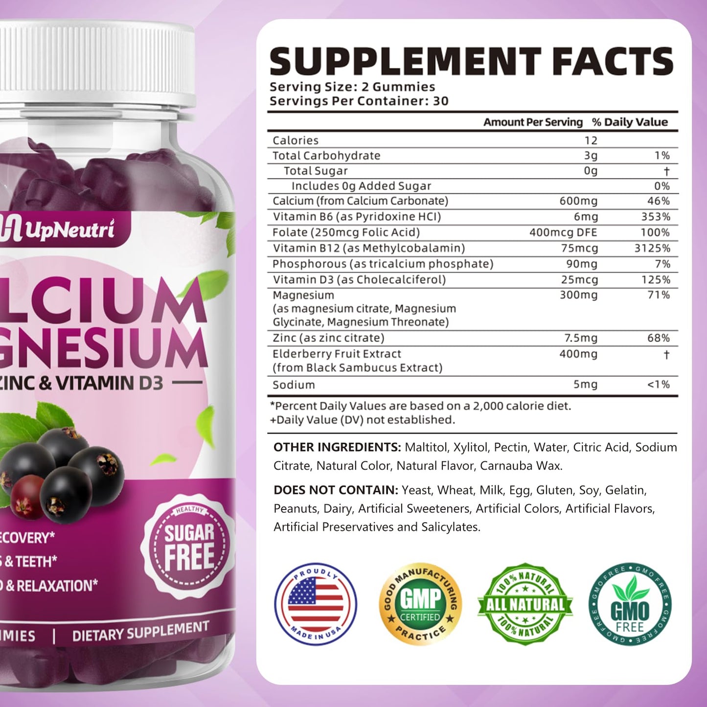 Calcium Magnesium Zinc with Vitamin D3 Gummies - Sugar Free, High Absorption - Elderberry (60 Gummies)