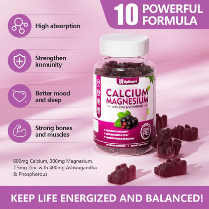 Calcium Magnesium Zinc with Vitamin D3 Gummies - Sugar Free, High Absorption - Elderberry (60 Gummies)
