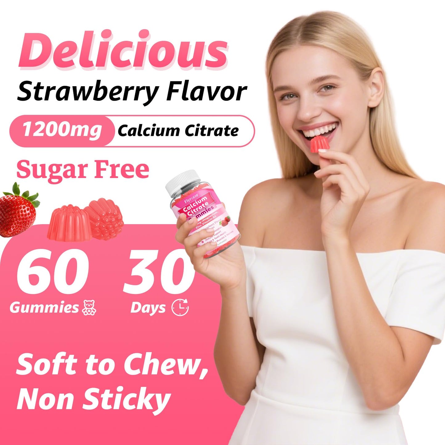 1200mg Calcium Citrate Gummies – Sugar-Free Strawberry | Bone, Teeth & Muscle Support (60 Count)