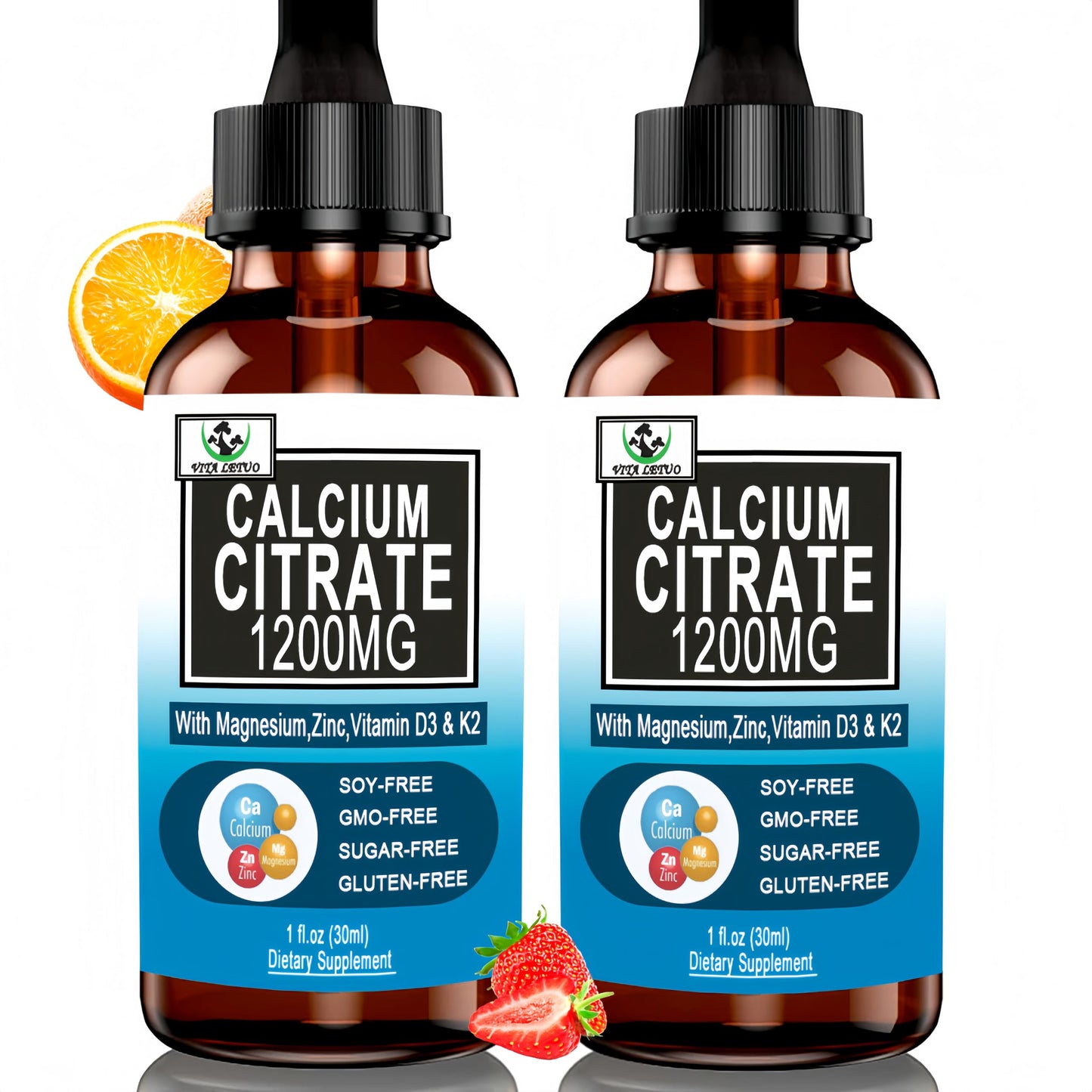 2 Pack Liquid Calcium Drops 1200 mg with Vitamin D3 – Vegan, High Absorption