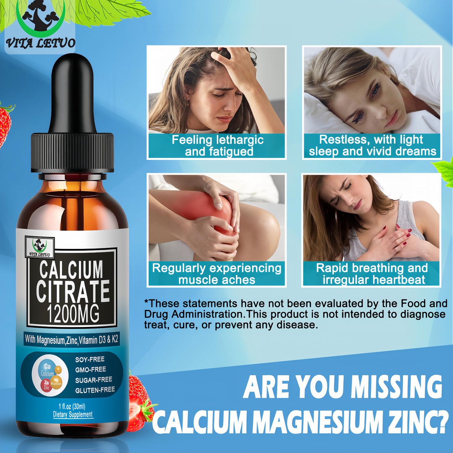 2 Pack Liquid Calcium Drops 1200 mg with Vitamin D3 – Vegan, High Absorption