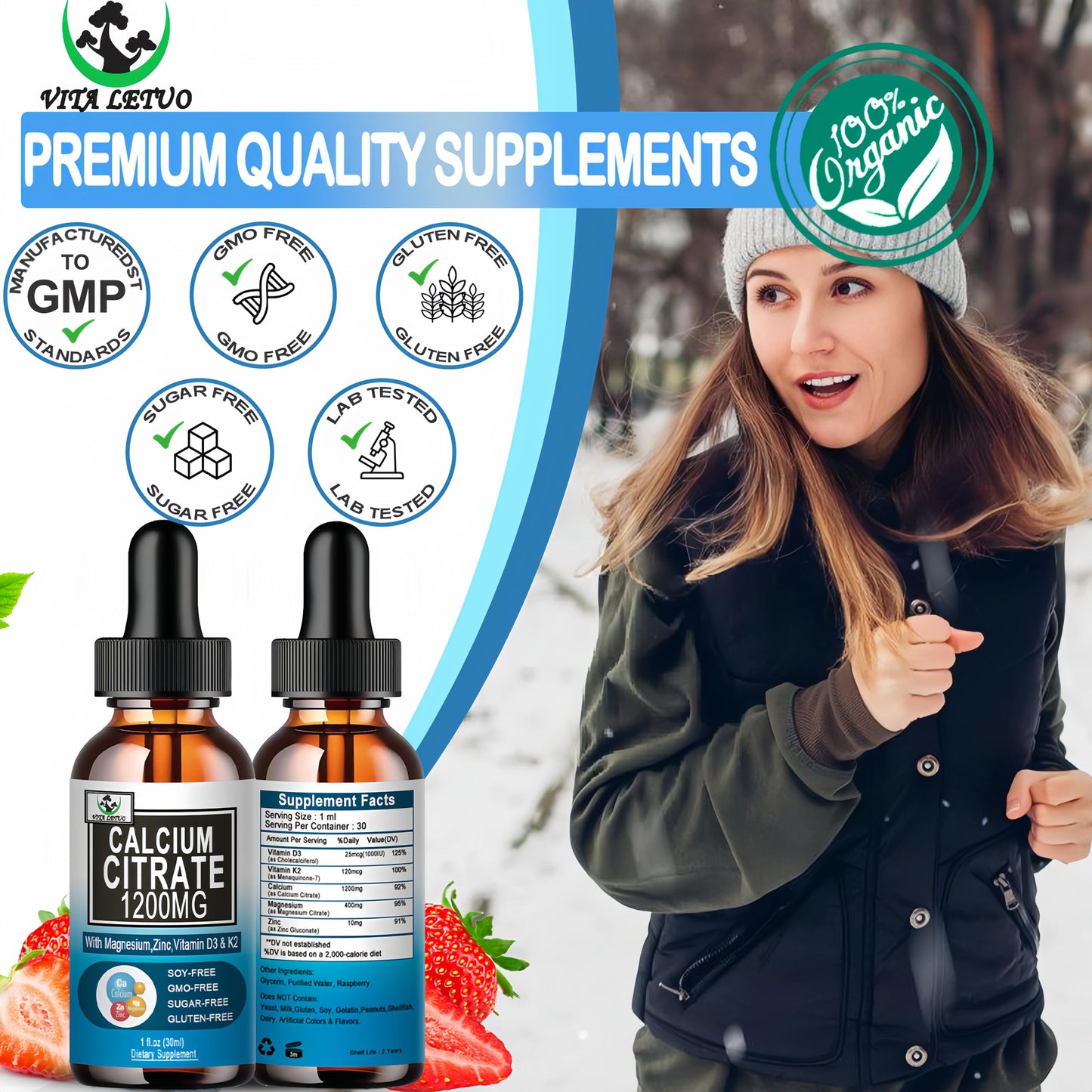 2 Pack Liquid Calcium Drops 1200 mg with Vitamin D3 – Vegan, High Absorption