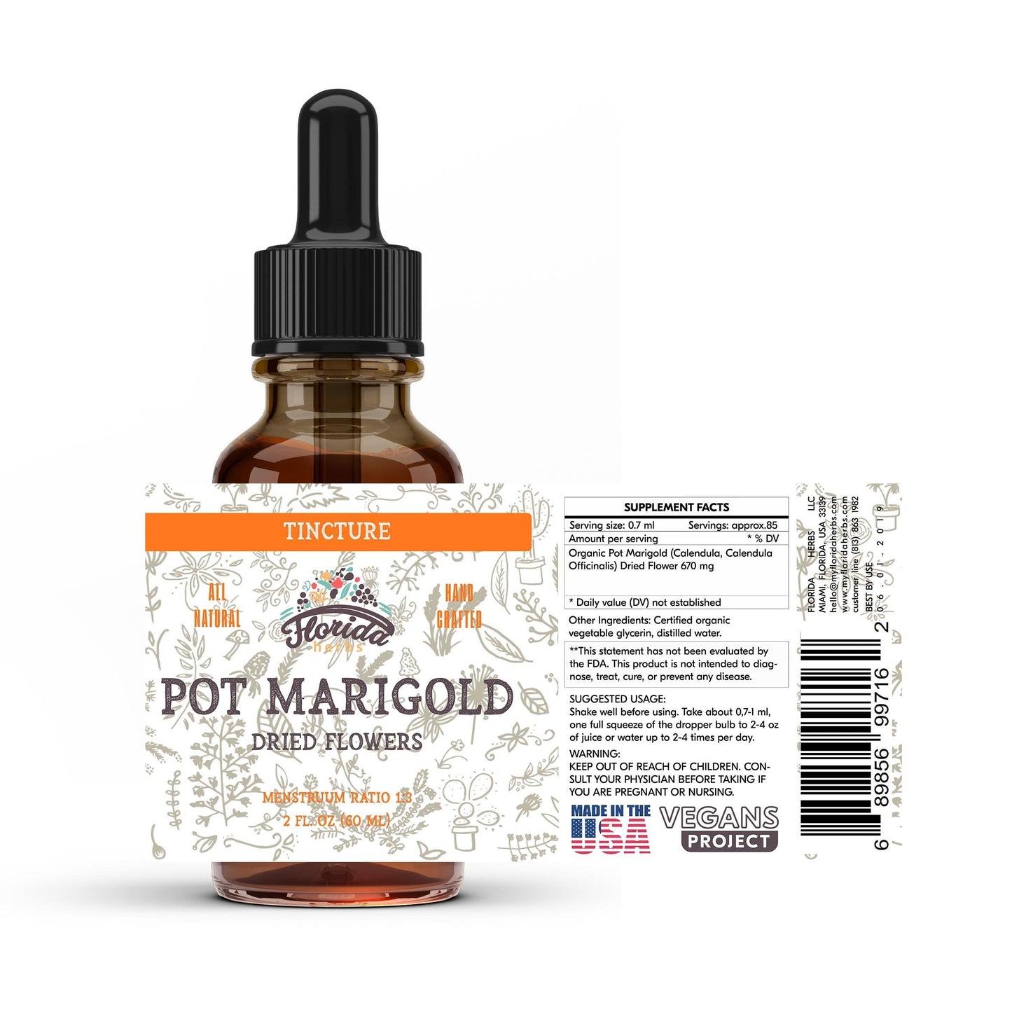Pot Marigold Tincture - Organic Calendula Extract in Glycerin (Non-GMO, 2 oz)