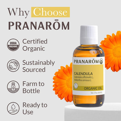 Pranarom USDA Organic Calendula Oil – 2 fl oz Glass Bottle | Gentle Skin Moisturizer