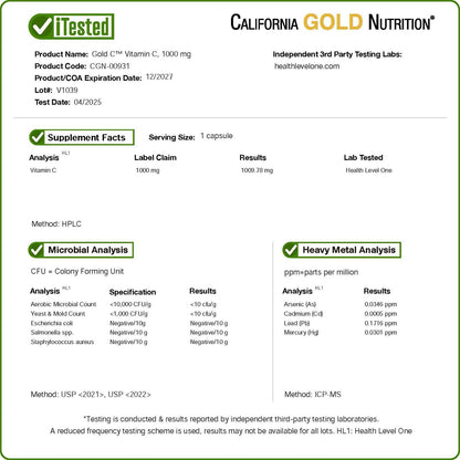 California Gold Nutrition Gold C® Vitamin C 1,000 mg, 60 Veggie Capsules