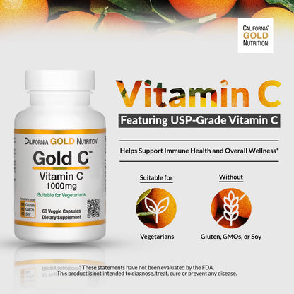 California Gold Nutrition Gold C® Vitamin C 1,000 mg, 60 Veggie Capsules