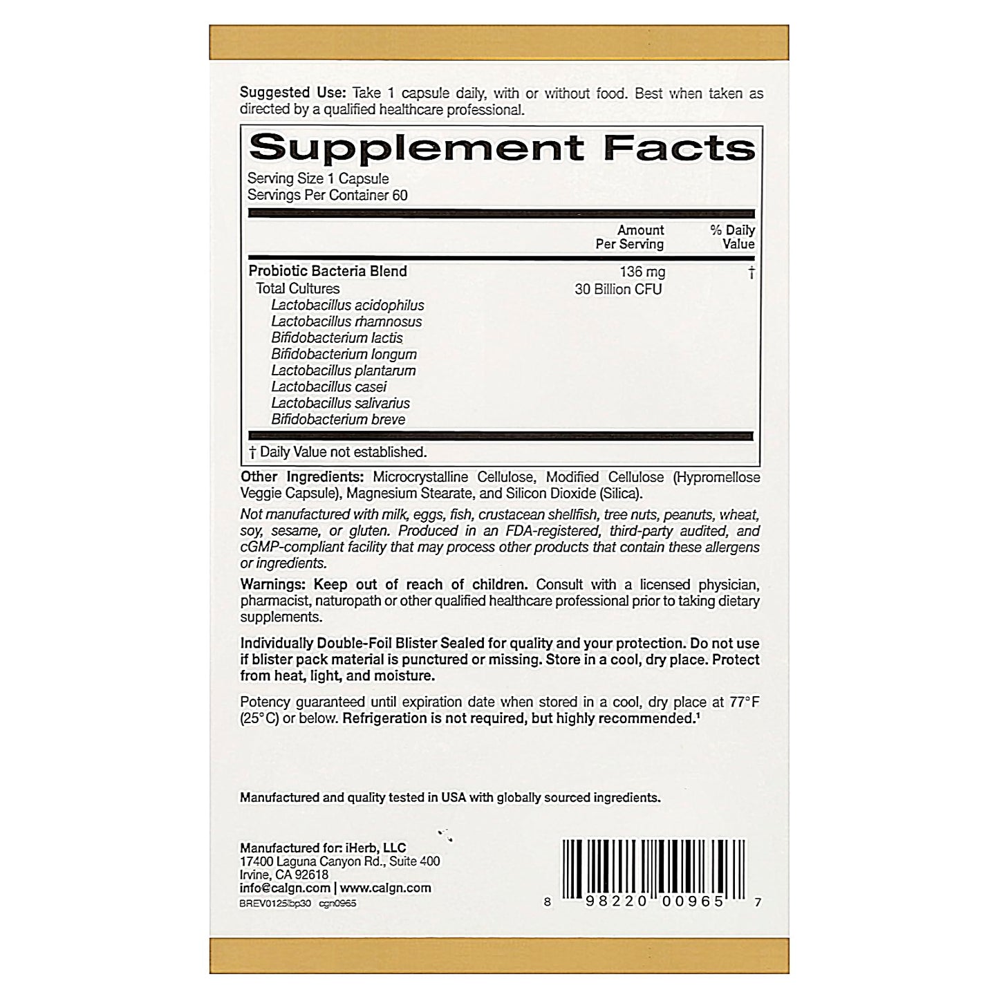 California Gold Nutrition LactoBif® 30 Probiotics – 30 Billion CFU, 60 Veggie Capsules | FloraFIT Probiotics by Danisco