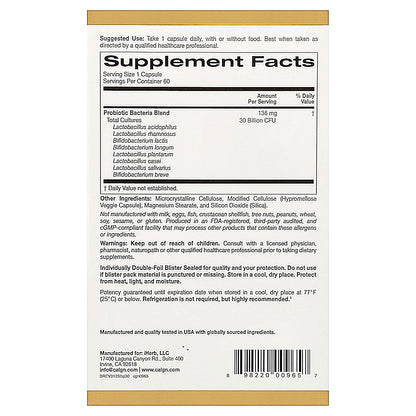 California Gold Nutrition LactoBif® 30 Probiotics – 30 Billion CFU, 60 Veggie Capsules | FloraFIT Probiotics by Danisco