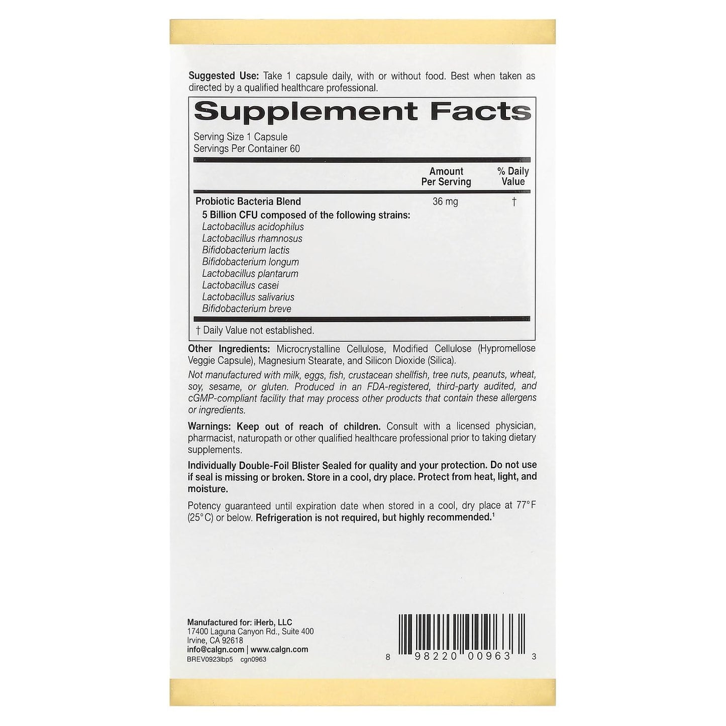 California Gold Nutrition LactoBif® 5 Probiotics – 5 Billion CFU, 60 Veggie Capsules