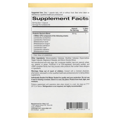 California Gold Nutrition LactoBif® 5 Probiotics – 5 Billion CFU, 60 Veggie Capsules