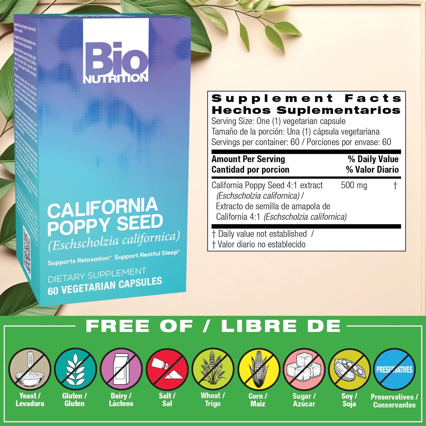 Bio Nutrition California Poppy: 60 Vegetarian Capsules for Relaxation